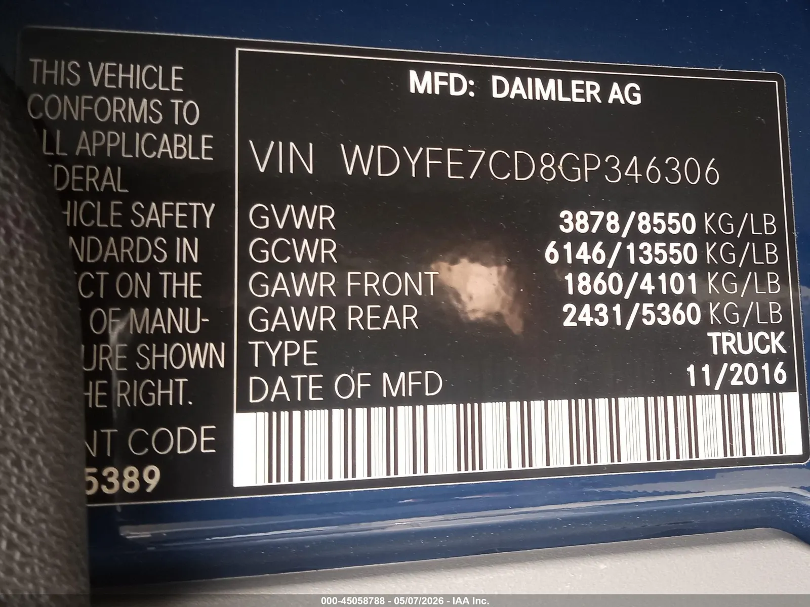 2016 Freightliner SPRINTER NORMAL ROOF