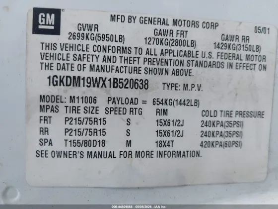 2001 GMC Safari Passenger SLE