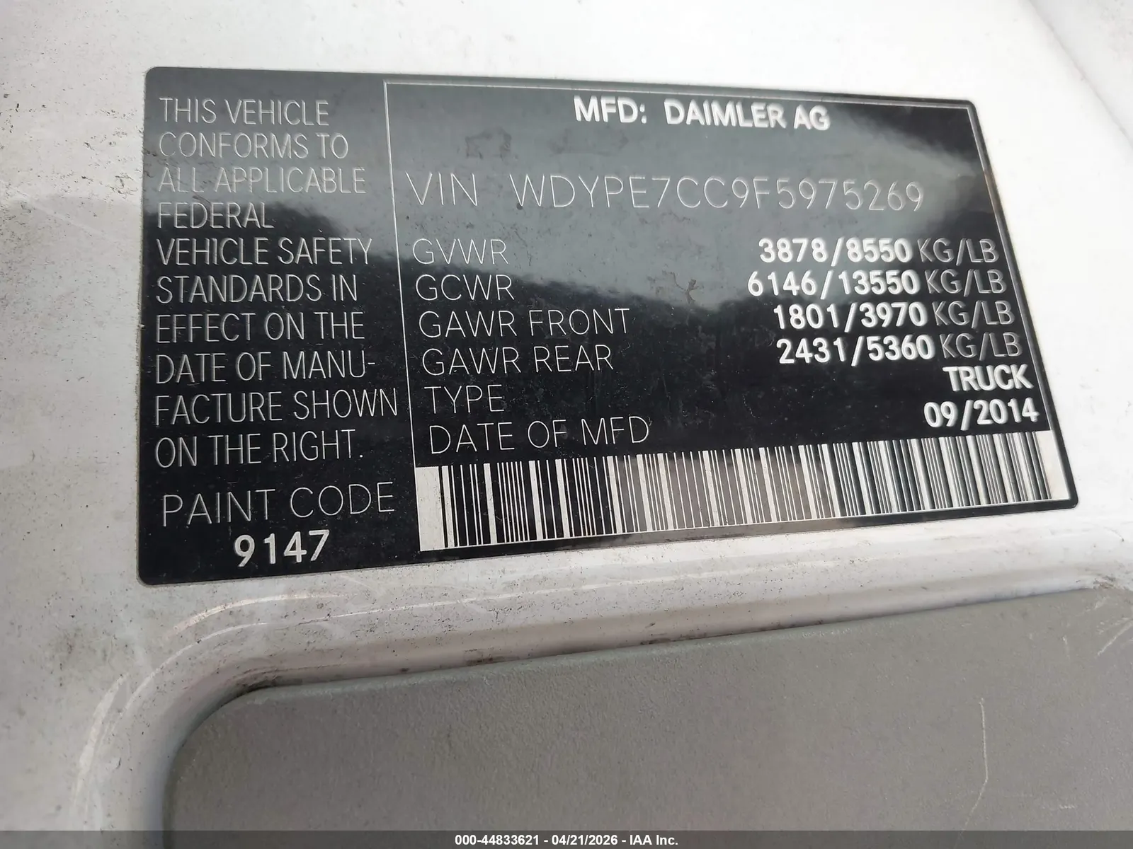 2015 Freightliner SPRINTER NORMAL ROOF