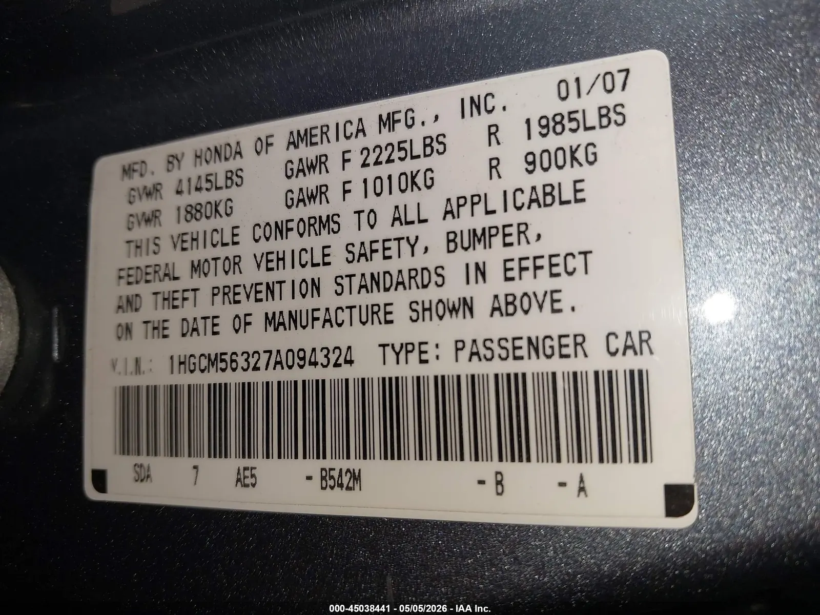 2007 Honda Accord Sdn LX SE