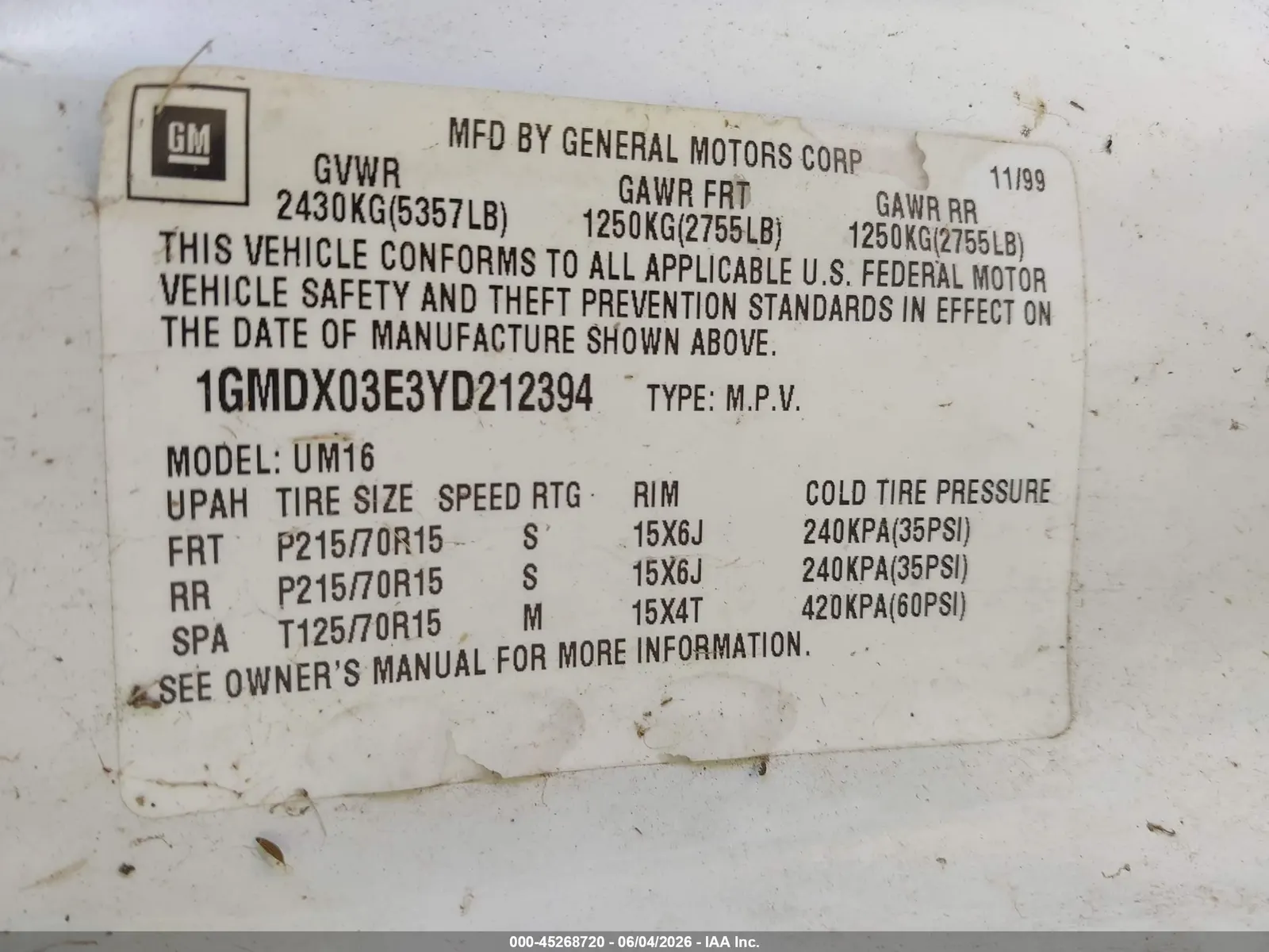 2000 Pontiac Montana M16