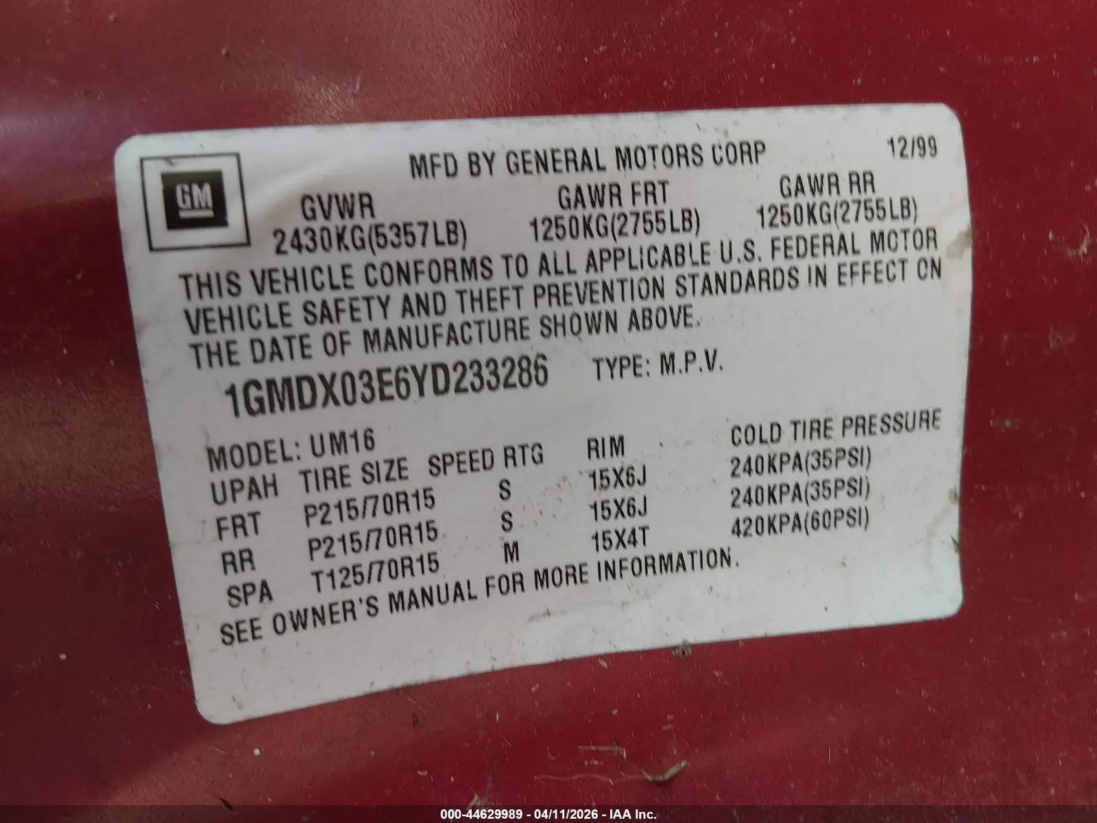 2000 Pontiac Montana M16