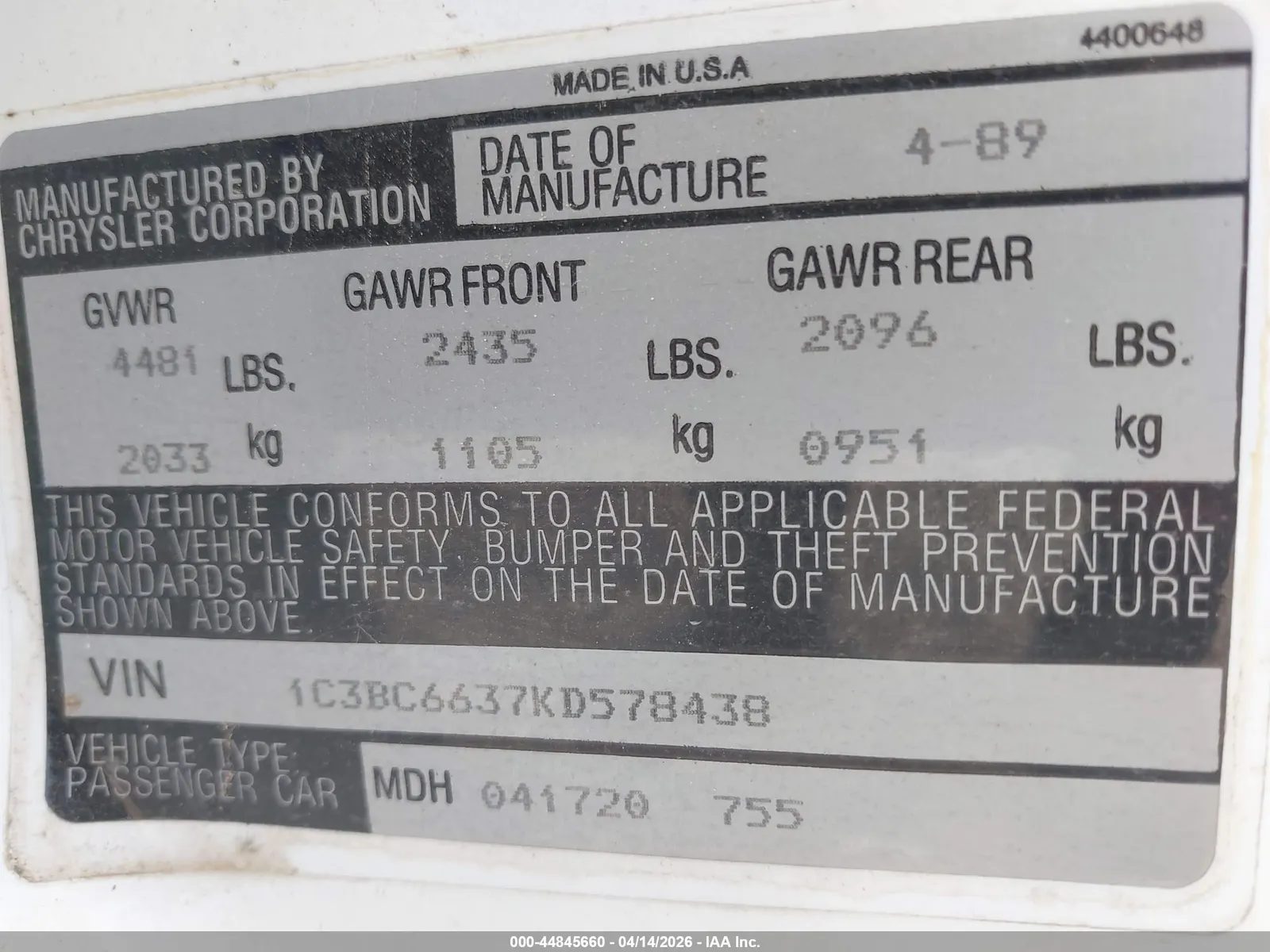 1989 Chrysler New Yorker C-BODY LANDAU