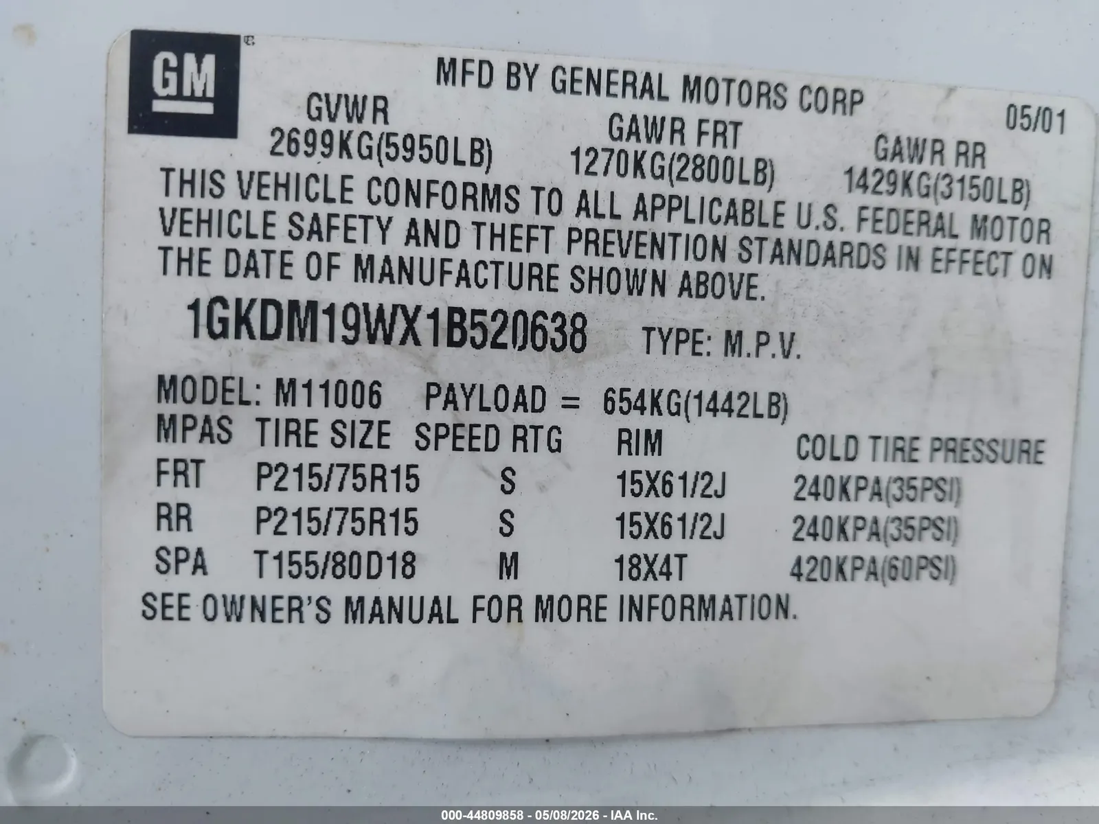 2001 GMC Safari Passenger SLE